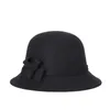 우아한 빈티지 벽돌 레드 cloche 모자 100 % 양모 펠트 블랙 Fedoras Bowknot 가을 겨울 중산 모자 여성을위한