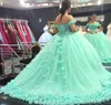 2019 Mint Ball Jurk Quinceanera Dresses 3d Hand Made Flowers Off Shoulder Sweet 16 Grom Size Princess Tule Cheap Masquerade Prom 5451760