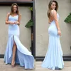 Evening Light Sky Blue Dresses Spaghetti Sleeveless Mermaid Prom Gowns Front Split Backless Floor-length Custom Made Vestidos De Noiva