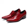 British Men Dress Shoes Red Pointed Toe Crocodile Pattern Leather Shoes Man Lace Up Stylish Wedding Shoes