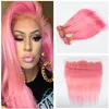 8A Light Pink Human Hair Bundles with Frontal Silky Straight Pink Color Hair Extensions Bundles with Full Lace Frontal Pink Virgin Hair