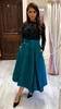 Teal Prom Dresses 2019 Long Sleeves A-Line Tea-Length Formal Evening Dress Black Lace Bodice with Pockets