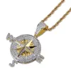Iced Out Bling Cubic Zircon Compass Necklace Pendant Chain High Quality Hip Hop Gold Silver Color Charm Jewelry Gifts