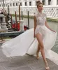 2022 Beach Wedding Dresses A Line Sexy High Split Cheap Deep V Neck Illusion Lace Applique Bohemian Bridal Gowns Robe De Mariée