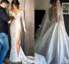 2018 Nya Lace Bröllopsklänningar Split Med Satin Avtagbar Tåg Långärmad Sheant Illusion Back Zipper Bridal Gowns Billiga Custom Beautiful