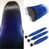 Peruwiański Ombre Blue Human Włosy Wiązki Wiązki Dark Root z 13x4 Koronki Frontal Closure # 1B / Dark Blue Ombre Virgin Hair Extensions