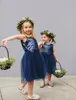 Carino 2018 blu navy con paillettes e tulle corto al ginocchio abiti da ragazza di fiori per Behemian Country Boho matrimoni ragazze abito formale EN2059