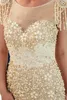 Nieuwe Designer 2019 Sexy Gold Gray Mermaid Prom Jurken Kralen Kristallen Bling Bling V Back Sheer Neck Tiered Tule Vloer Lengte Avondjurken