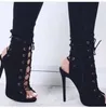 Kvinnor Mode Peep Toe Blå Denim Lace-up Thin Heel Short Gladiator Stövlar Cut-out Ankel Wrap High Heel Ankel Booties Klänning Skor