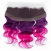 #1B/Purple/Pink Ombre Full Lace Frontal Closure 13x4 with Weaves Virgin Peruvian Human Hair Three Tone Ombre Bundles Deals Body Wave