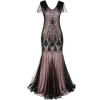 Women 1920s Great Gatsby Dress Long 20s Flapper Dress Vintage V Neck Short Sleeve Maxi Party for Prom Cocktail