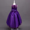 Vestidos de niña de las flores de satén bastante alto y bajo Color cian 2018 Vestidos con apliques de cuentas para niñas Vestido de fiesta para niños D01