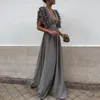 2018 New Fashion Women Dress Sexy Gray V Neck Backless Flying Short Sleeves Maxi Dress Summer Solid Beach Party Long Dress D1891304