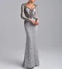 Mother Of The Bride Dresses Mermaid V-neck Long Sleeves Silver Lace Beaded Mother Dresses Evening Gowns For Wedding