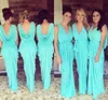 Ucuz Gelinlik Modelleri V Boyun Düğün Konuk Giymek Teal Turkuaz Gökyüzü Mavi Şifon Açık Geri Kat Uzunluk Dantelli Hizmetçi Onur Törenlerinde