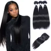  Brazilian Straight Human Hair Weaves Extensions 4 Bundles with Closure Free Middle 3 Part Double Weft Dyeable Bleachable 100g/pc