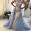 Gelo azul Dubai sereia árabe com renda de trem destacável Aplique Vestido de Festa noite vestidos formais de vestuário 330