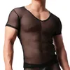 Sexy Männer Mesh Transparent Unterhemd Homosexuell T Shirts Durchsichtig Nylon V-ausschnitt Atmungsaktive Kurzarm Bequeme Weste Unterhemd Männliche Kleidung