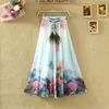 Vintacy Long Skirts for Women White Print Floral Red Rose Pleated Maxi Skirts Full Ball Grown Party Plus Size High Waist Skirt