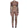 Stage Wear Plus Size Women Tribal Tattoo Print Mesh Jumpsuit Romper Curvy African Aztec Bodysuit Celebrity Catsuit Tracksuit