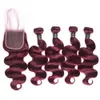 Reine des paquets pré-colorés brésiliens vierges cheveux vague de corps avec fermeture 99J # rouge bordeaux 4 paquets armure de cheveux humains avec fermeture