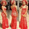 Sexiga aso ebi nigerianska spets stilar kvällsklänningar 2018 ren crew neck sjöjungfru röd spets naken under formella klänningar kvällskläder anpassad