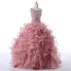 Mode Dusty Rose Jewel Quinceanera Ballkleider Rüschen Organza Glitzernde Kristalle Strass Sweet 16 Abendkleider Formale Kleider Vestidos 15