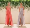 Silver Chiffon Coral Country A line Long Bridesmaids Dresses Spaghetti Straps Backless Crystals Beaded Prom Gowns Custom Made HY29287j