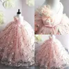 Prinzessin Rosa Blumenmädchenkleider Spitze 3D-Blumenapplikationen Ballkleid Kleines Mädchen Geburtstagsfeierkleider Sweep Zug Kinder Formelle Kleidung278b