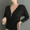 Newautumn Mulheres Vestido Sexy Moda Batwing Sleeve Blusa Deep V Collar Zipper Sweater Sleeved T-shirt Vestido Plus Size S-5XL C18110701