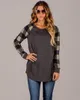 가을 여성 T 셔츠 인쇄 격자 무늬 고품질 캐주얼 탑 코튼 느슨한 여성 의류 긴 소매 티셔츠