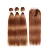 Brasiliansk Virgin Hair Color # 30 Ljus Auburn Rak buntar med spetslås Bruna hårförlängningar 3 Bundle behandlar stängning