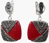 Noble Red Carved Lacquer Marcasite 925 Sterling Silver Square Ring#7-10 Earrings & Pandent jewelry sets2716