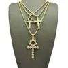 MENS GOLD ICED OUT EGYPTIAN KEY OF LIFE ANKH CROSS,BOX & ROPE CHAIN NECKLACE SET OF 3