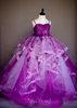 紫色のレースのボールガウンの花の女の子のドレスの結婚式のビーズのティール幼児のページェントのガウンチュールアップリケ床の長さキッズウエディングドレス