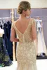 Nieuwe Designer 2019 Sexy Gold Gray Mermaid Prom Jurken Kralen Kristallen Bling Bling V Back Sheer Neck Tiered Tule Vloer Lengte Avondjurken