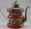 FREE SHIPPING old Tibet Silver Red Jade Carving Dragon Monkey Teapot Garden Decoration 100% real Tibetan Silver Brass