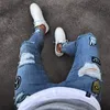 Män Snygg Ripped Jeans Biker Slim Straight Frayed Denim Trousers Fashion Skinny Pants