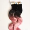 T1B / cor-de-rosa Ombre fita na extensão do cabelo 100g 40 pc onda corporal fita de trama de pele em extensões de cabelo Remy humano extensões de cabelo colorido