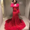 Gorgeous Feather Dubai Prom Dresses Luxury Beads Sequins V-Neck Long Sleeves Party Dress Stunning 2018 Mermaid Celebrity Gown Evening Dress