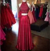 Shinning Two Pieces Prom Dress High Neck Crystal Beading Dark Red Hollow Back Side Split aftonklänningar Lång formell cocktailfestklänning