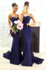 Blue bleu bon marché Bridesmaid robes de demoiselle d'honneur Spaghetti Stracts en dentelle Perles de mariage à paille