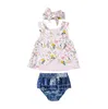 Летние новорожденные девочки наряды одежда цветочные печати топы шорты повязка на голову 3шт милые оборками детская одежда набор малыша 0-3Y