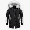 2018 chaqueta de invierno para hombre, cuello de piel con capucha, abrigos Parka largos negros de gran tamaño, chaquetas cálidas gruesas de Pu a prueba de viento, prendas de vestir exteriores