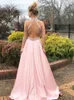 Pink Halter Prom Dresses Pärled Neck Satin Golvlängd Backless Graduation Homecoming Dresses Formella kvällsfestklänningar Dh4092