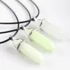 Fashion Luminous Stone Fluorescent Hexagonal Column Druzy Necklace Natural Crystal Gem Stone Pendant Leather Chains Necklace