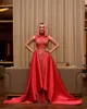 Promi-rotes Meerjungfrau-Abschlussballkleid mit Überrock, Stehkragen, ärmellose Spitze, bodenlange Partykleider, sexy durchsichtige formelle Abendkleider