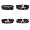 2 st / set Animal King Lion Head Lava Sten Armband Svart Natursten Crown Par Braclet Set för män Hand Smycken Tillbehör