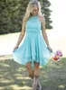 Modest Short Bridesmaid Dresses Light Sky Blue Halter Neck Knee Length Ruffle Chiffon Plus Size Country Wedding Party Dresses HY267