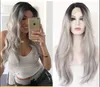 Chemical fiber front lace hook wig natural curvature foreign trade export high-grade gradient gray wig set ladies long straight hair